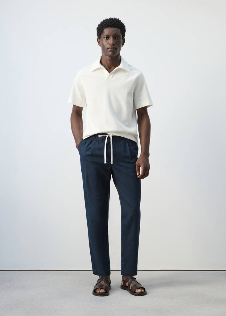 Slim fit cropped linen-cotton trousers — Navy