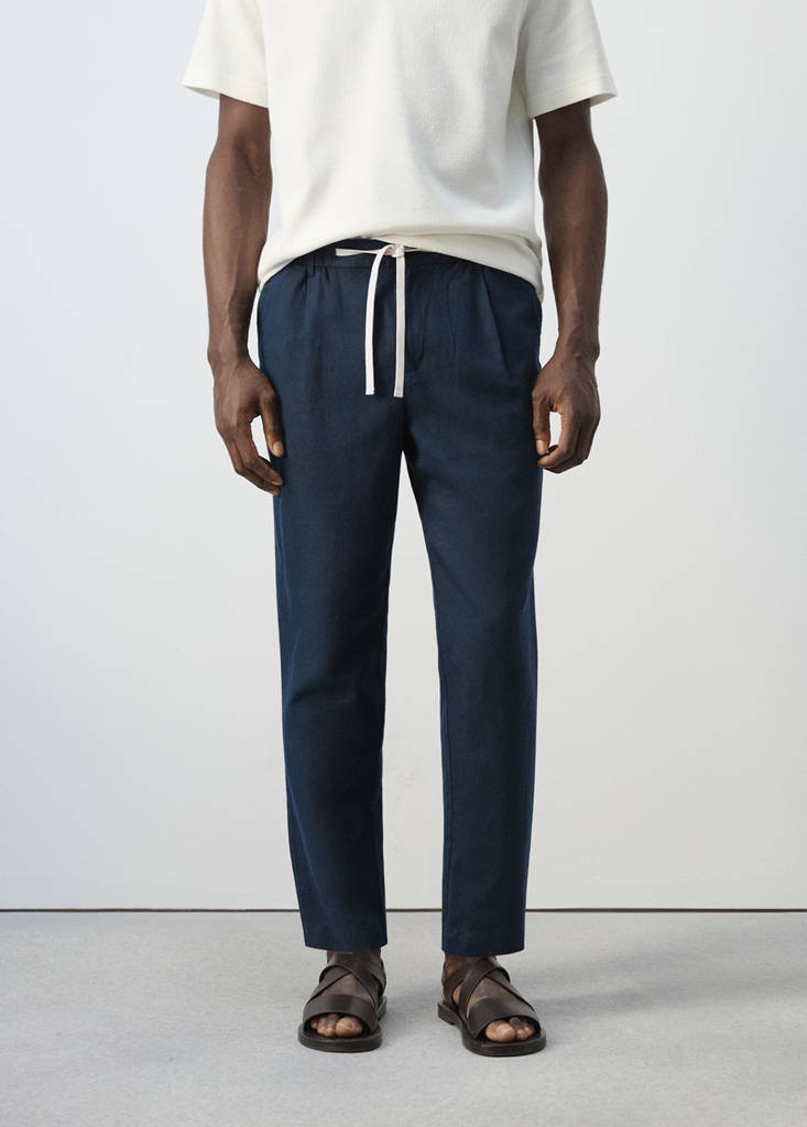 Slim fit cropped linen-cotton trousers — Navy
