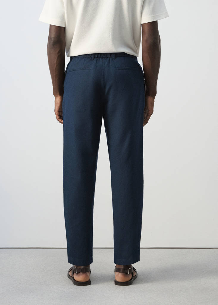 Slim fit cropped linen-cotton trousers — Navy