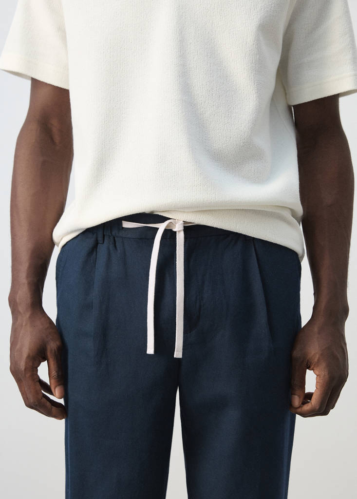 Slim fit cropped linen-cotton trousers — Navy