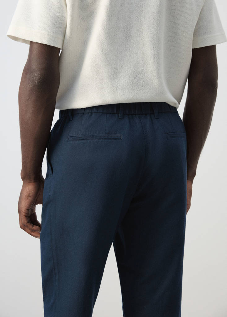 Slim fit cropped linen-cotton trousers — Navy