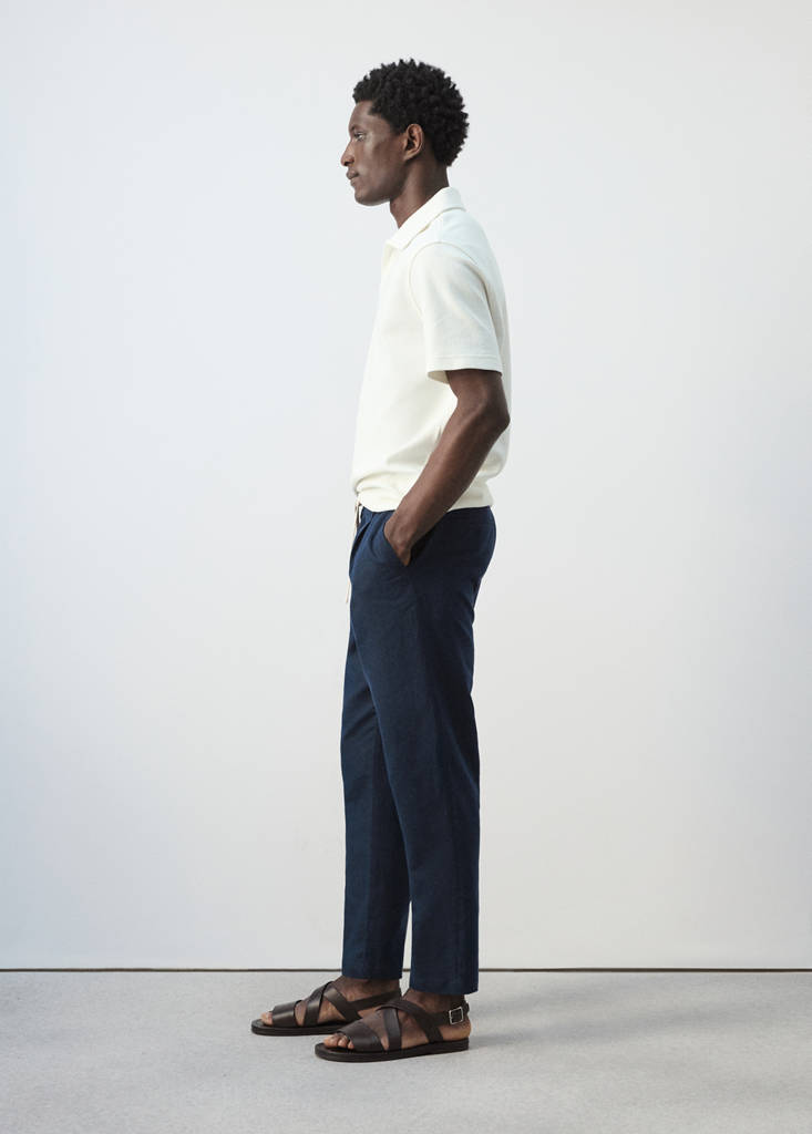 Slim fit cropped linen-cotton trousers — Navy