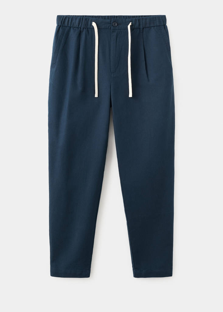 Slim fit cropped linen-cotton trousers — Navy