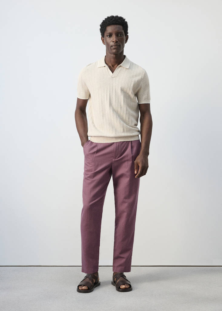 Slim fit cropped linen-cotton trousers — Plum