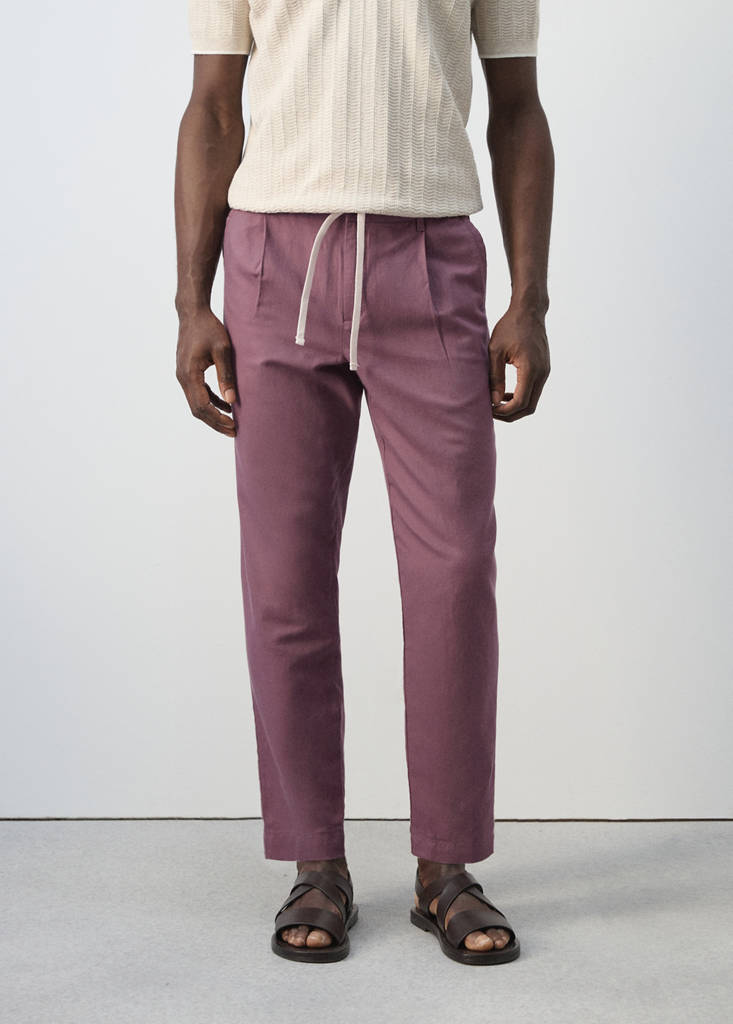 Slim fit cropped linen-cotton trousers — Plum