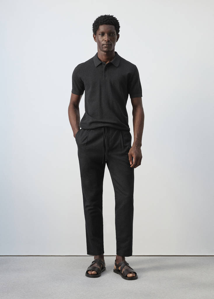 Slim fit cropped linen-cotton trousers — Black