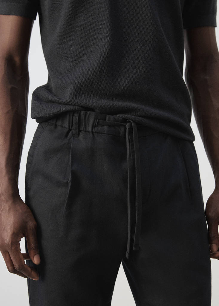 Slim fit cropped linen-cotton trousers — Black