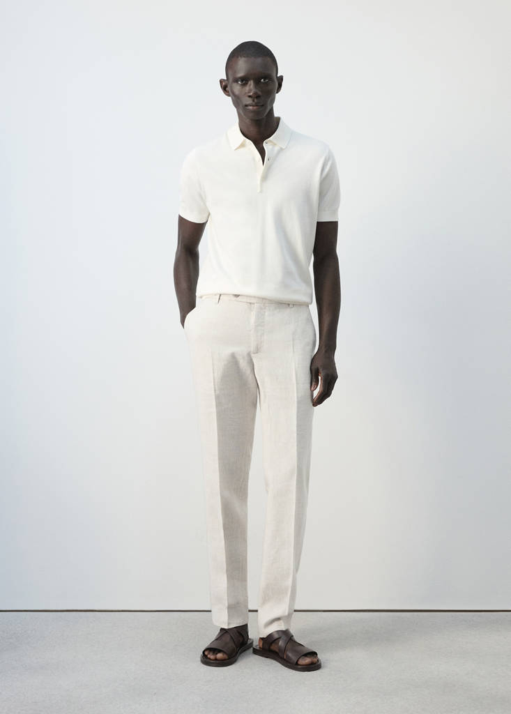Regular fit houndstooth linen blend trousers — Ecru