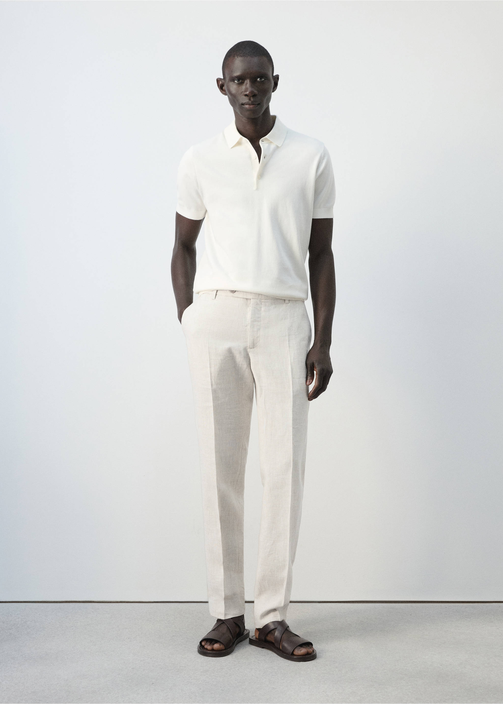 Брюки 100% лен regular fit - Общий план, Экрю. Ref: 27006715-00.