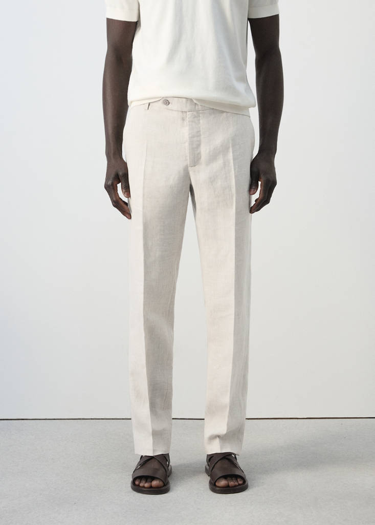 Regular fit houndstooth linen blend trousers — Ecru