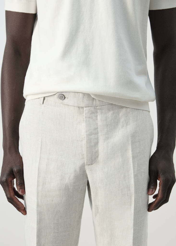 Regular fit houndstooth linen blend trousers — Ecru