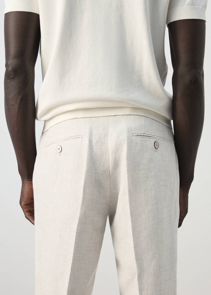 Regular fit houndstooth linen blend trousers — Ecru