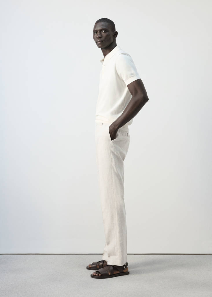 Regular fit houndstooth linen blend trousers — Ecru