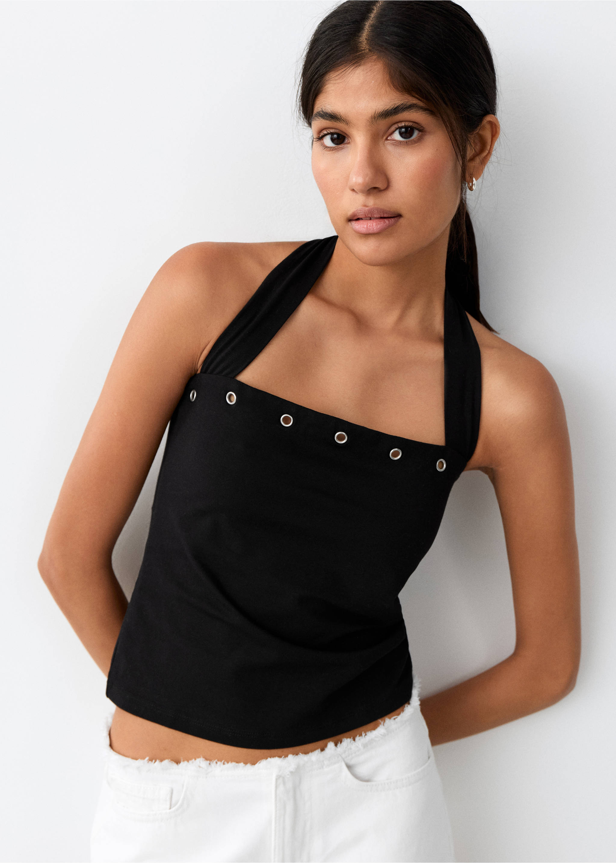 Square neck halter top - Medium plane, Black. Ref: 27006748-00.