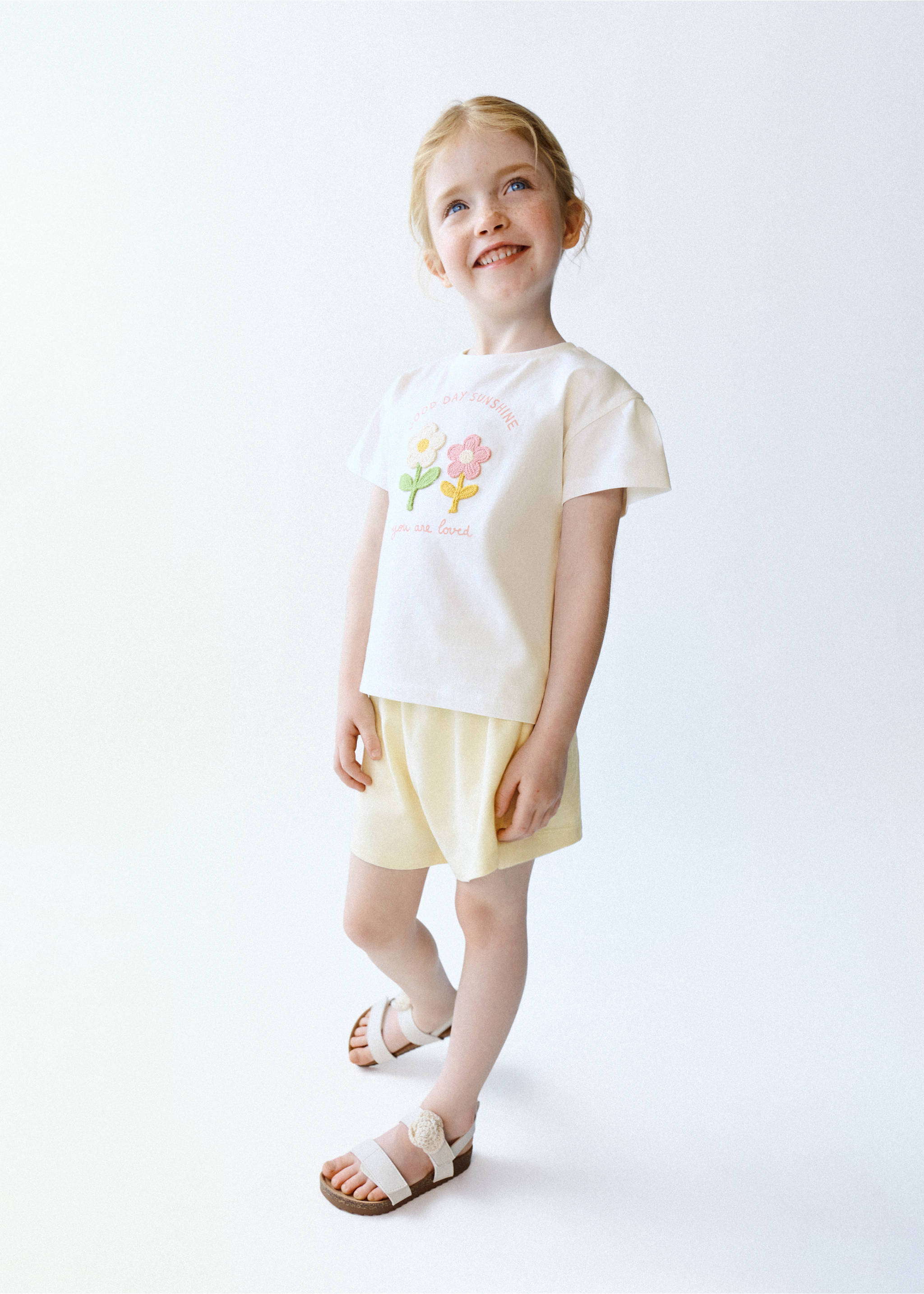 T-shirt coton fleurs brodées - Plan général, Blanc cassé. Ref: 27006754-00.