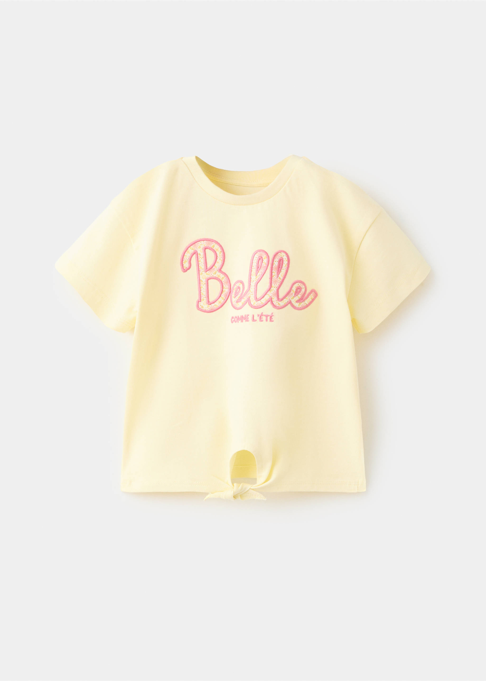 Embroidered T-shirt with knot detail - Article without model, Pastel Yellow. Ref: 27006762-00.