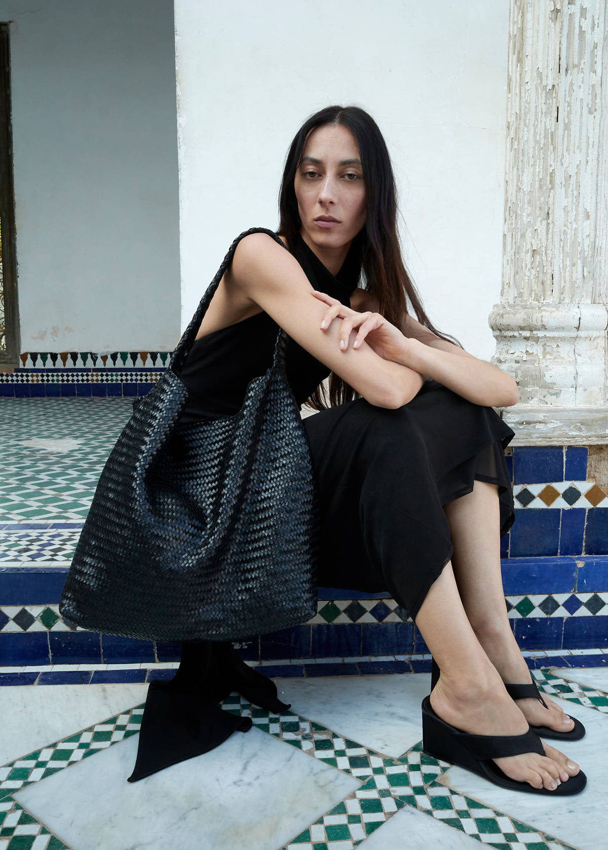 Satin strap wedge sandal — Black