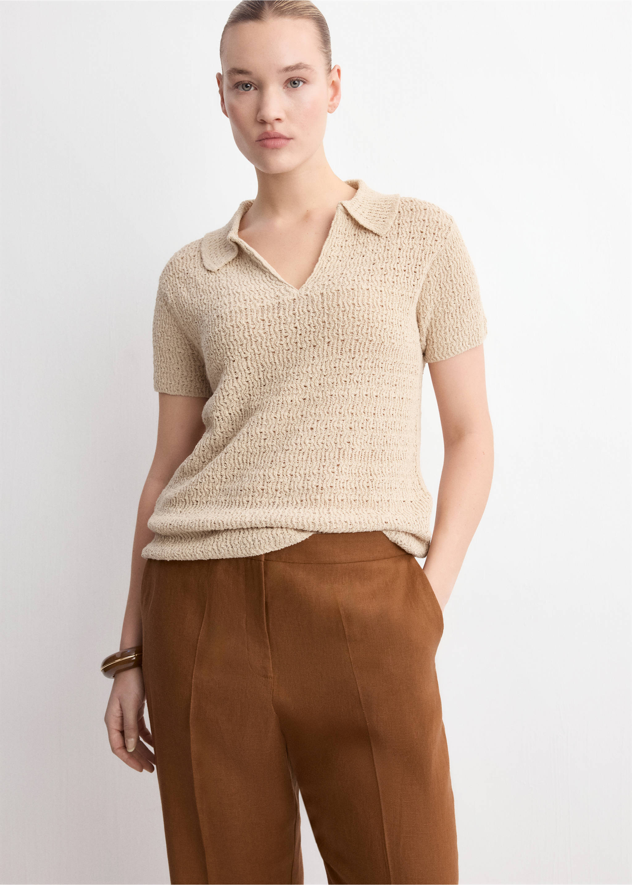 Вязаный джемпер с воротником поло - Деталь изделия 5, Песочный. Ref: 27007146-00.