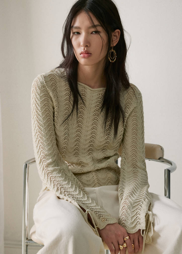 Openwork knit sweater with slit sleeves — Sand