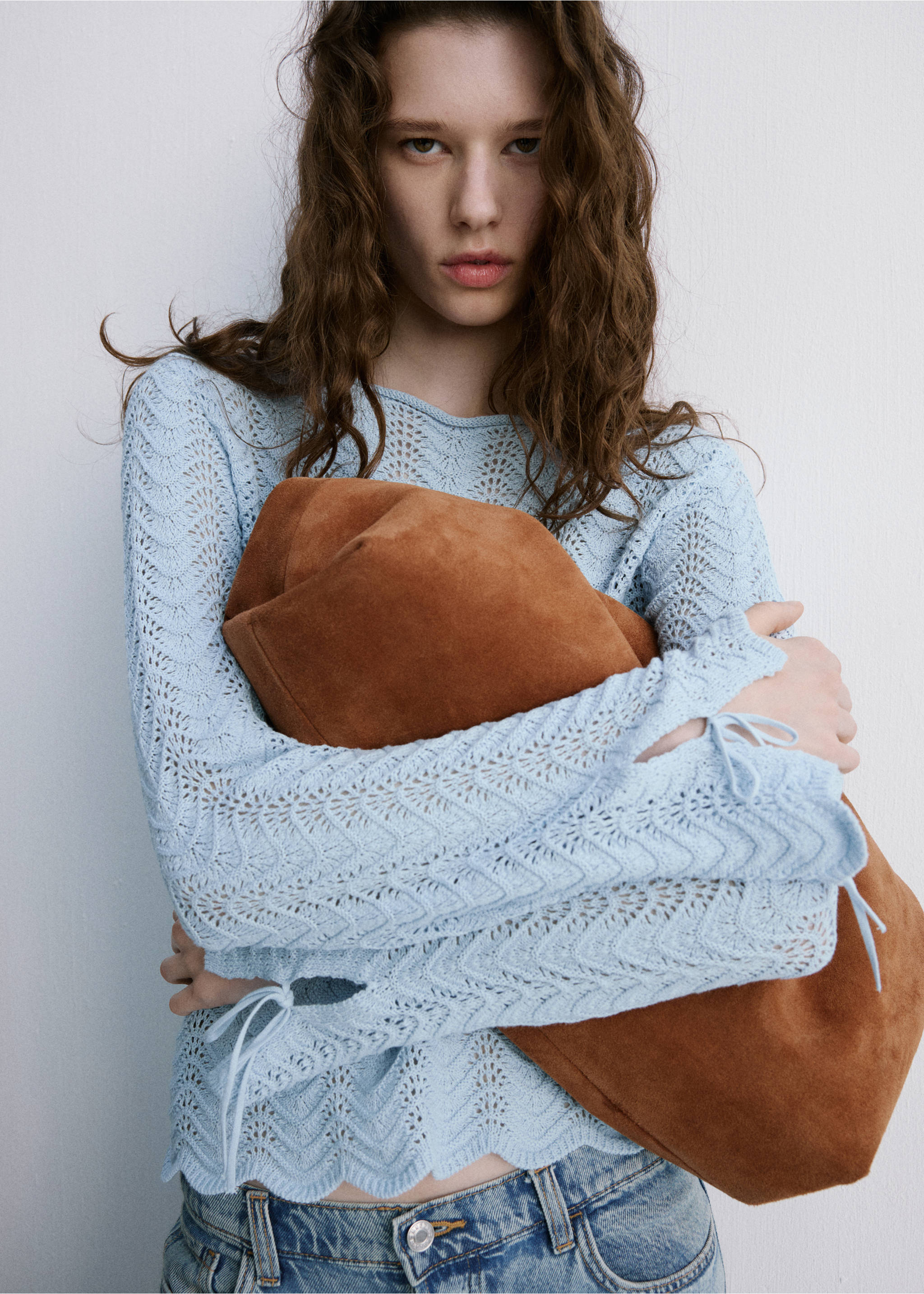 Knitted sweater with openwork details - Details of the article 1, Sky Blue. Ref: 27007149-00.