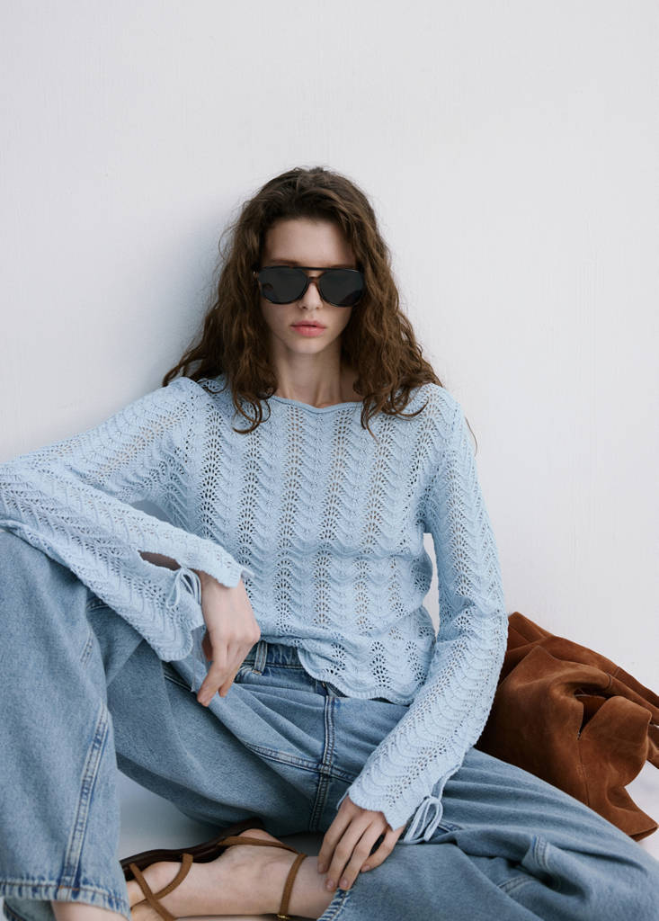 Openwork knit sweater with slit sleeves — Sky Blue
