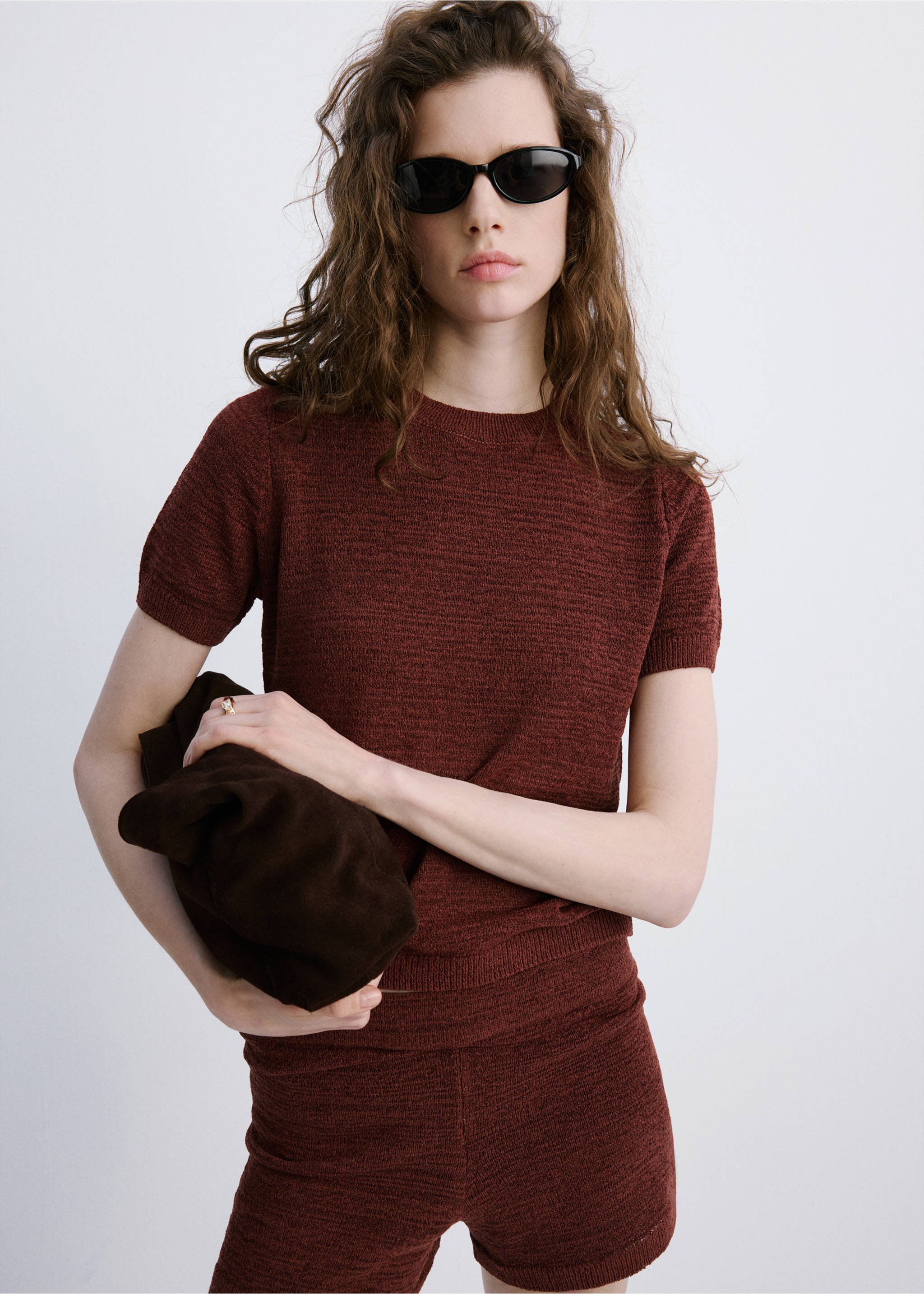 Трикотажный свитер с коротким рукавом - Средний план, Золотисто-оранжевый. Ref: 27007152-00.