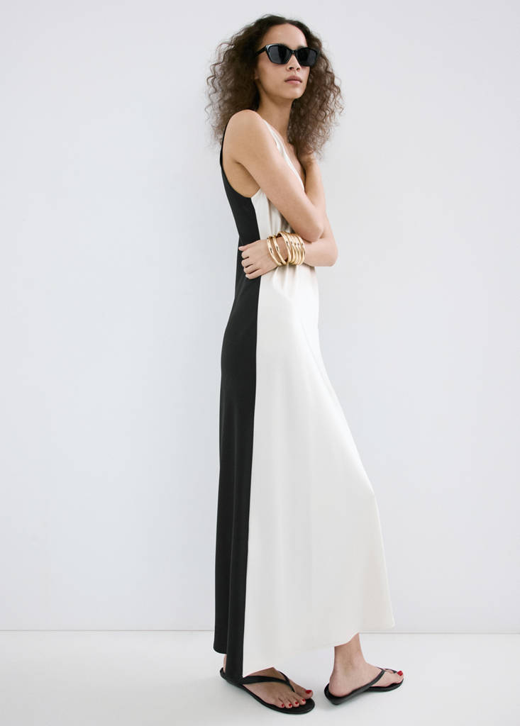 Two-tone satin dress — Ecru