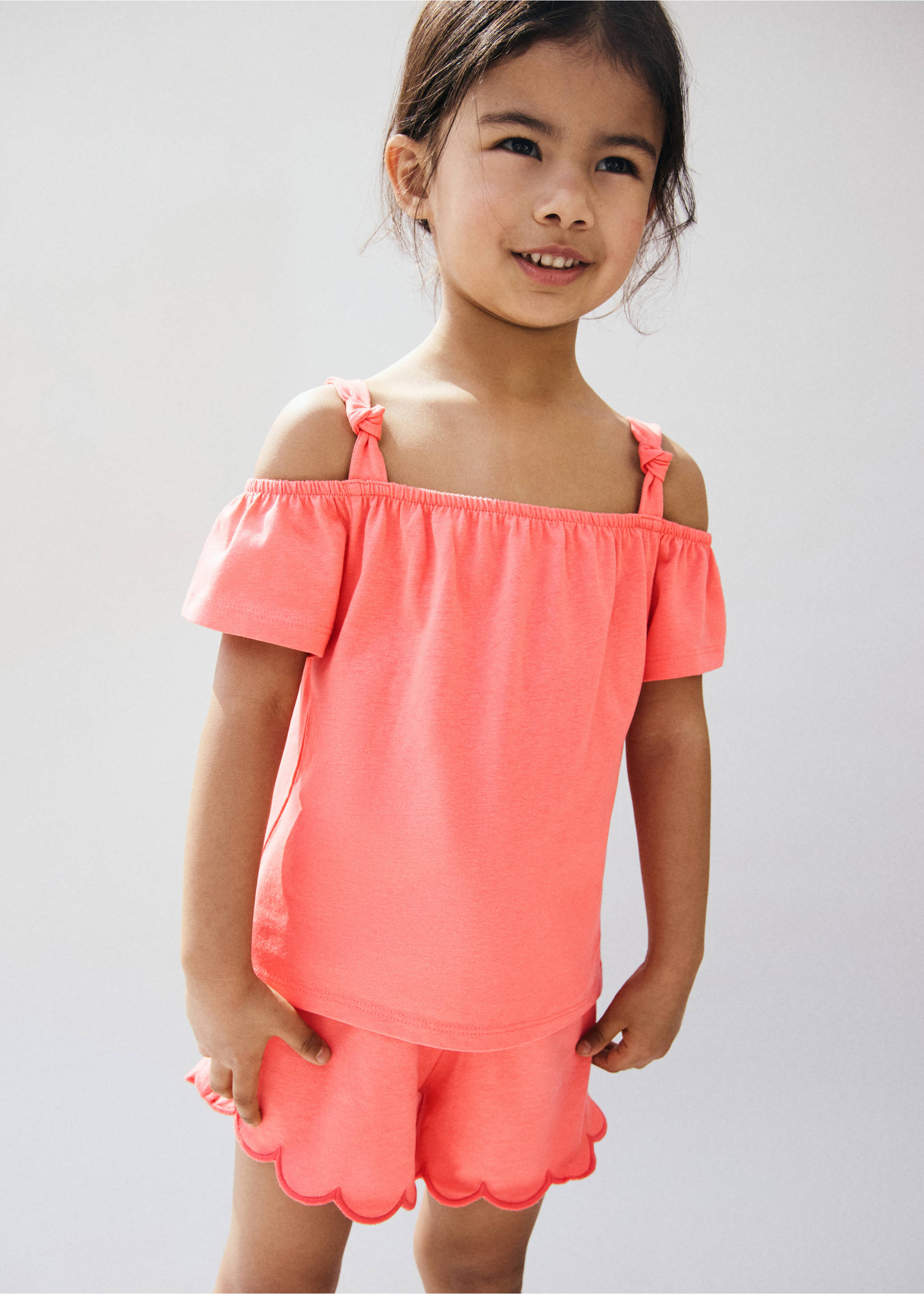 Off-the-shoulder cotton T-shirt - Medium plane, Coral Red. Ref: 27007931-00.