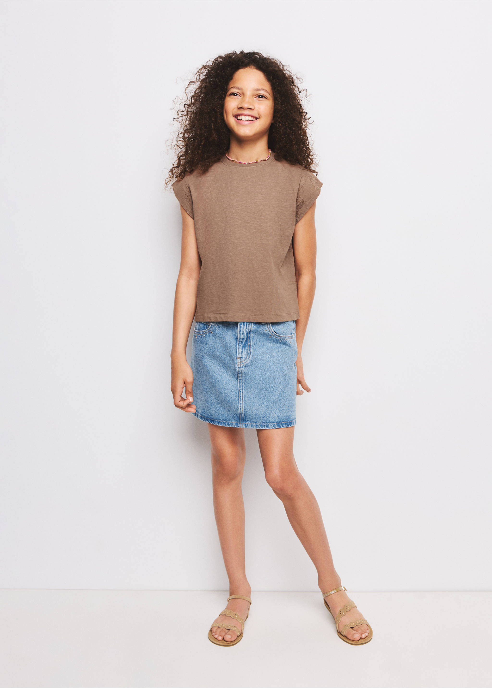 T-shirt coton détails brodés - Plan général, Marron. Ref: 27008664-00.