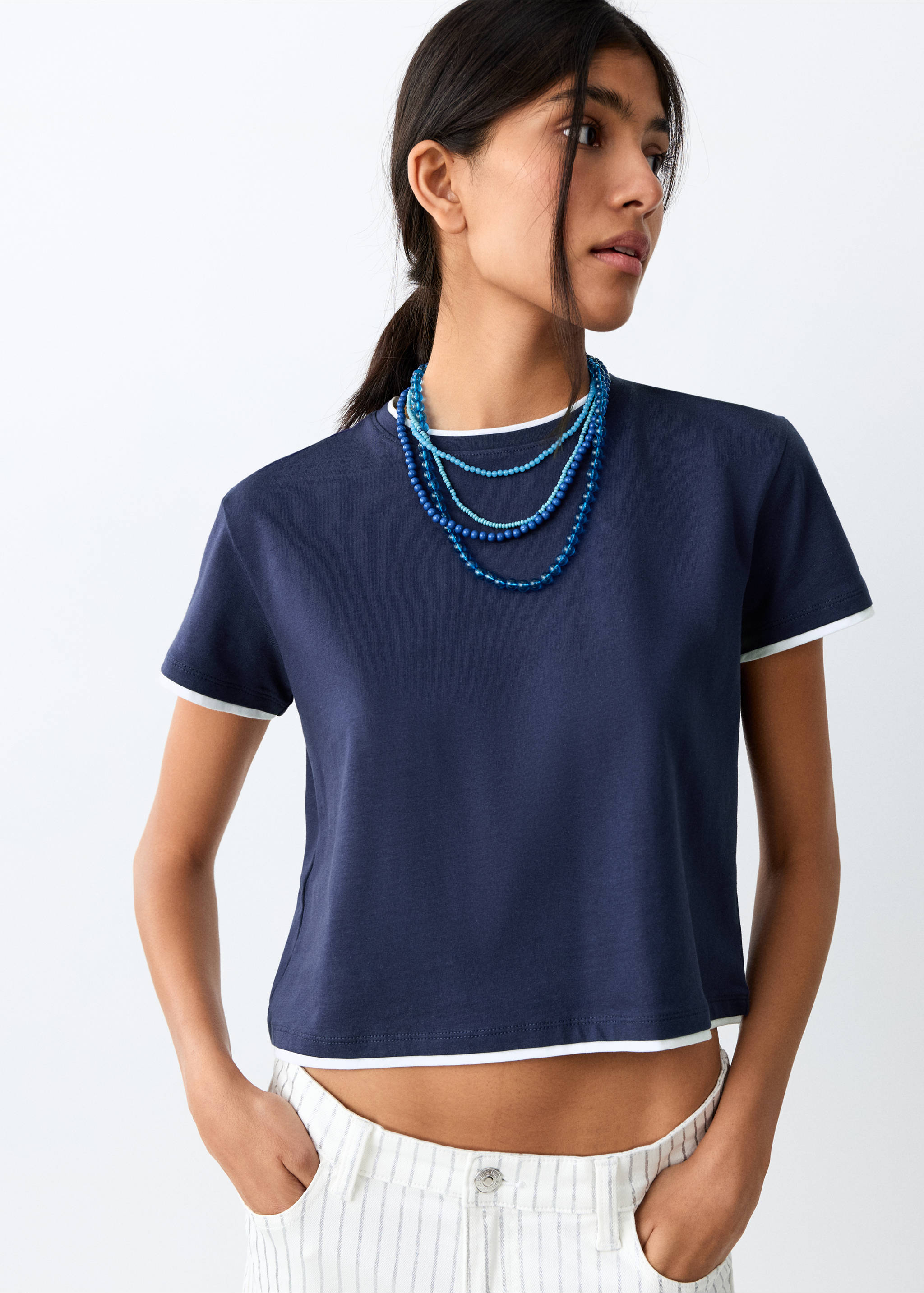 Camiseta manga corta efecto doble - Plano medio, Azul marino. Ref: 27008668-00.