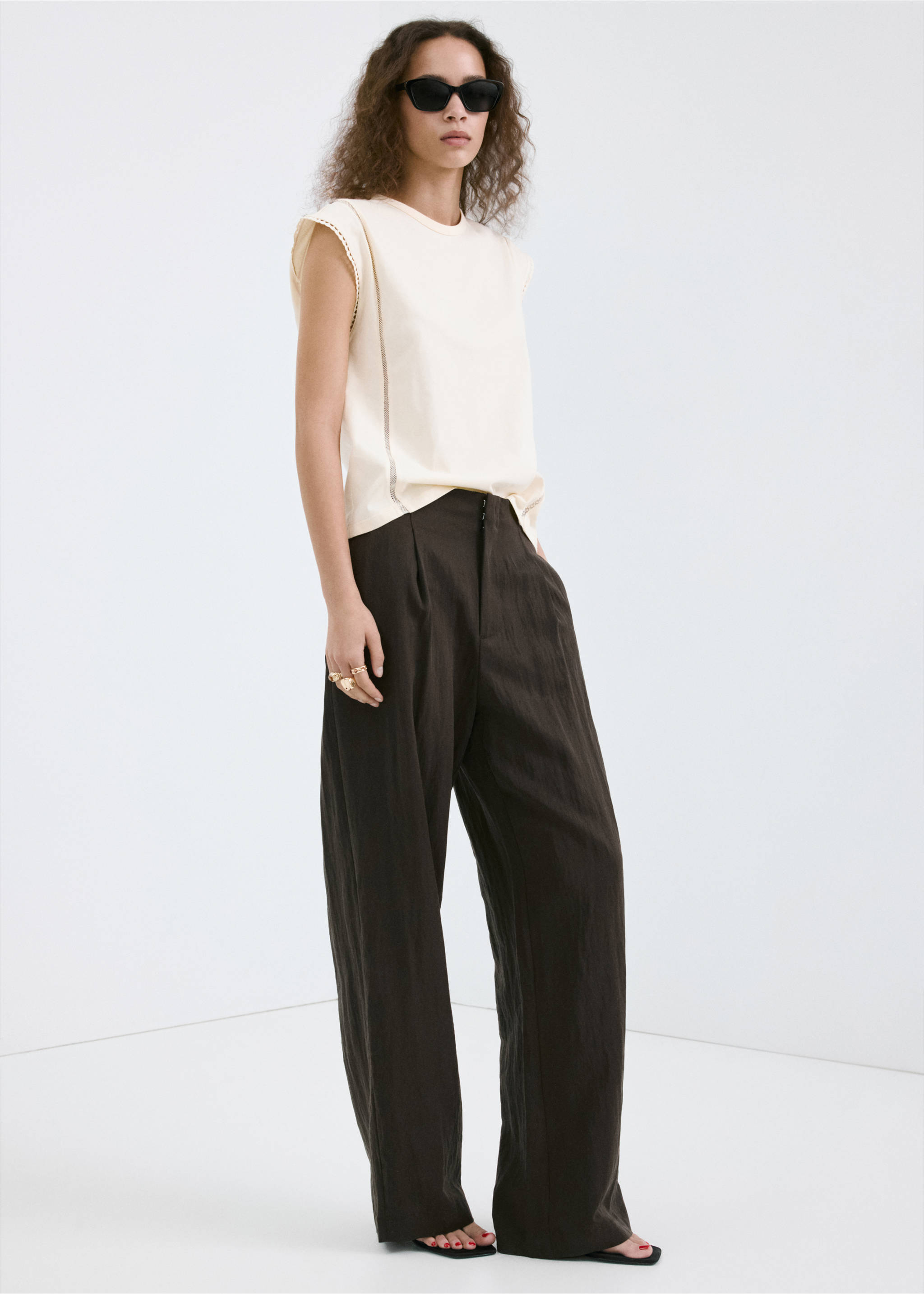 Embroidered cutwork cotton T-shirt - General plane, Ecru. Ref: 27009081-00.