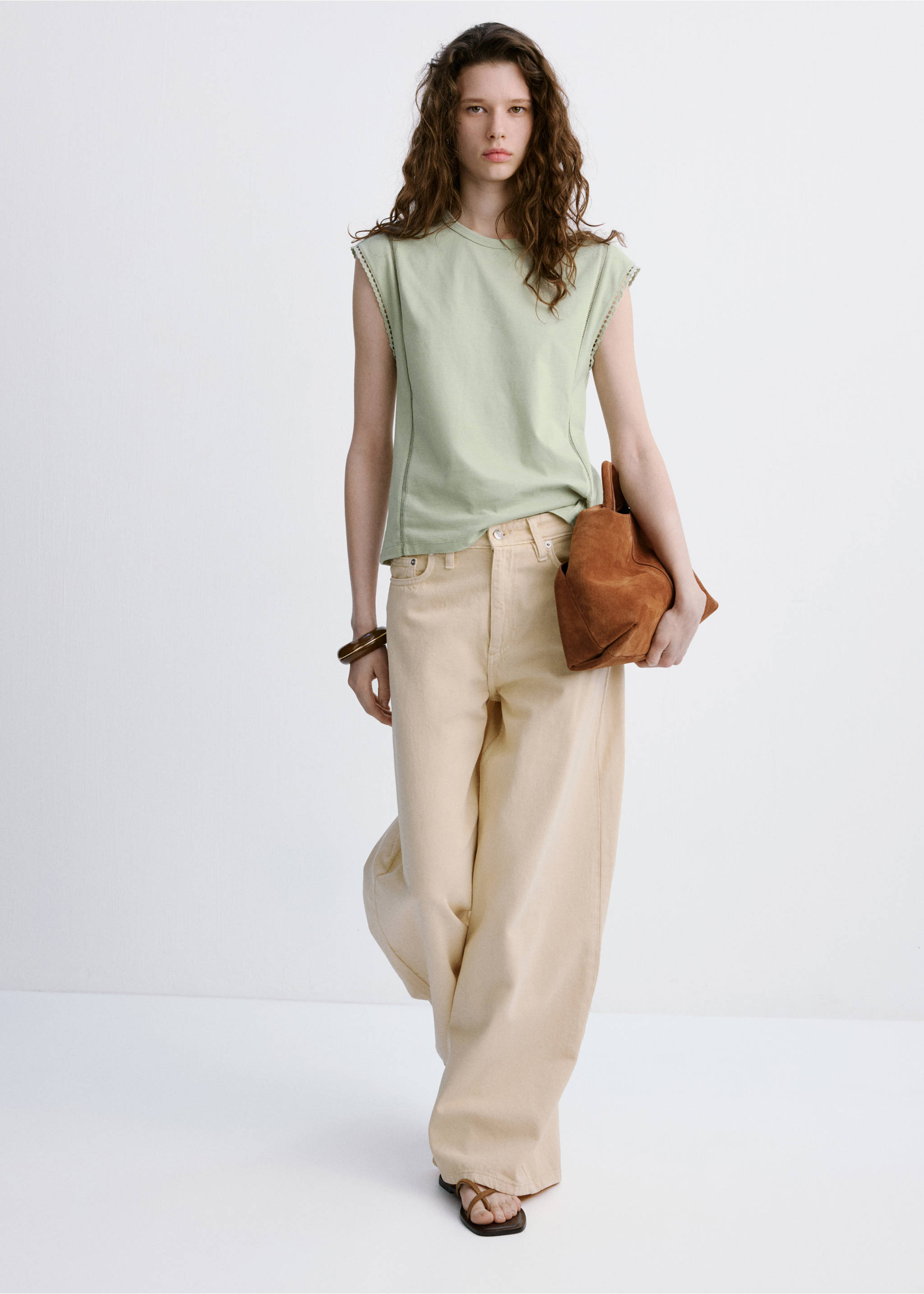 Embroidered cutwork cotton T-shirt - General plane, Pastel Green. Ref: 27009081-00.