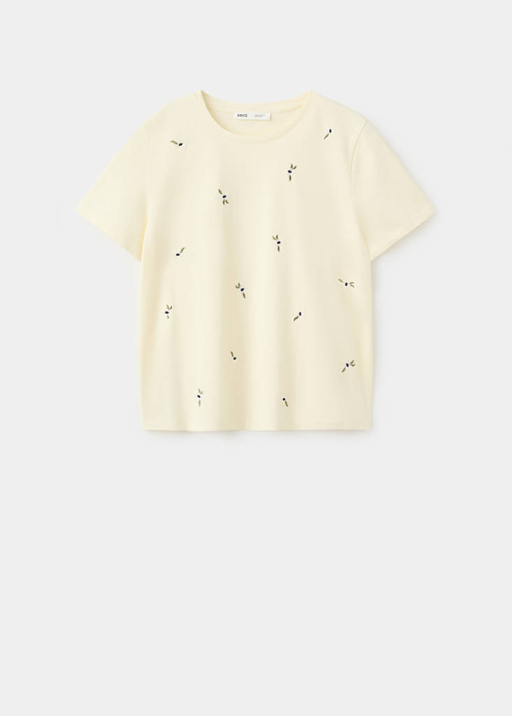 Floral-embroidered cotton t-shirt — Vanilla
