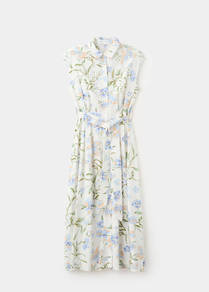 Floral-print shirt-style dress — Ecru