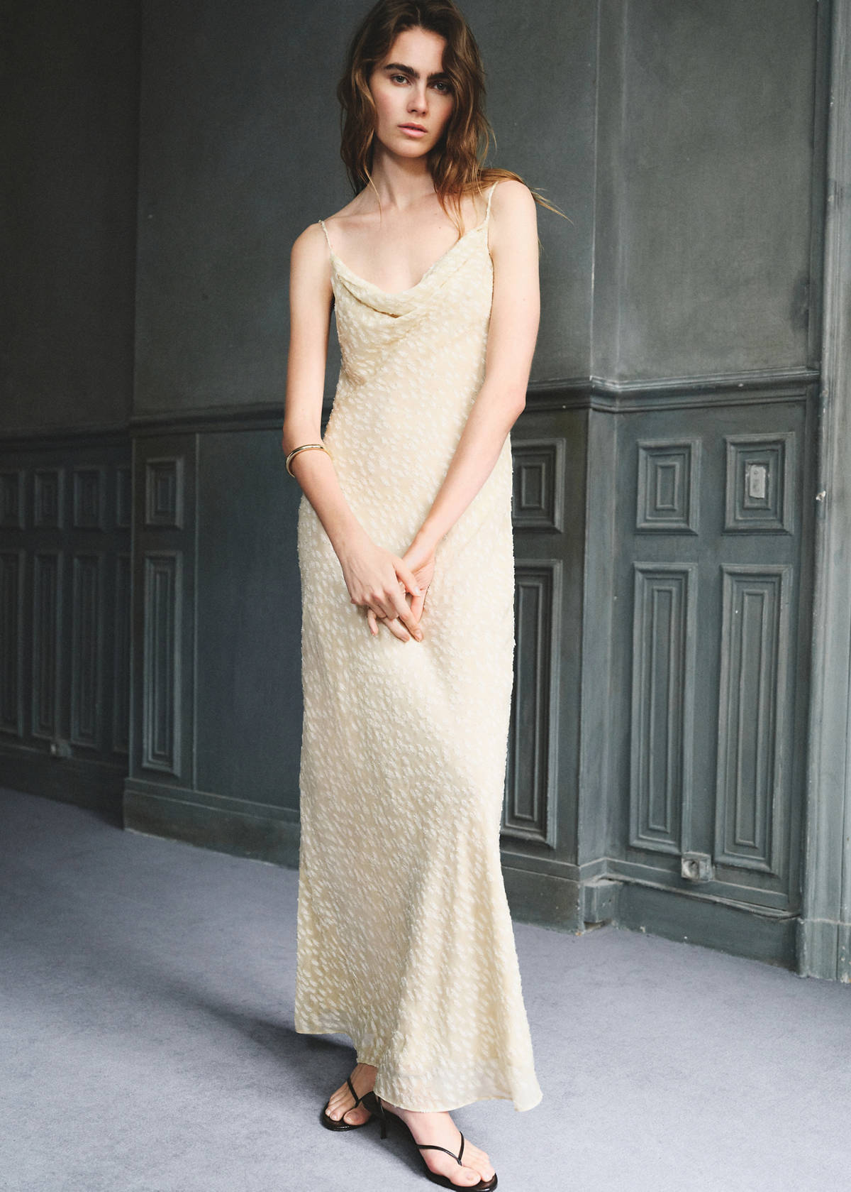 Textured dress with draped neckline — Beige