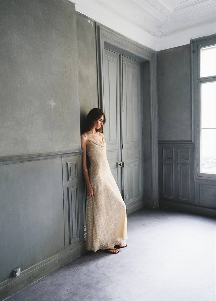 Textured dress with draped neckline — Beige
