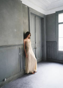 Textured dress with draped neckline — Beige 4