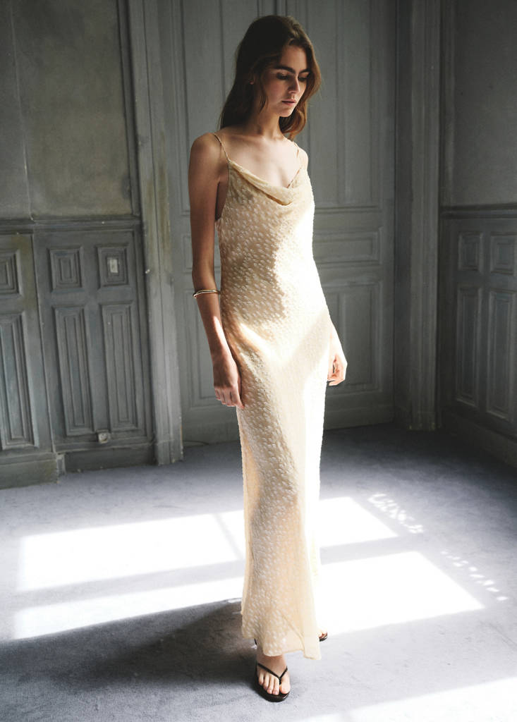 Textured dress with draped neckline — Beige