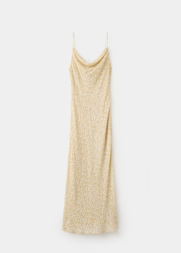 Textured dress with draped neckline — Beige