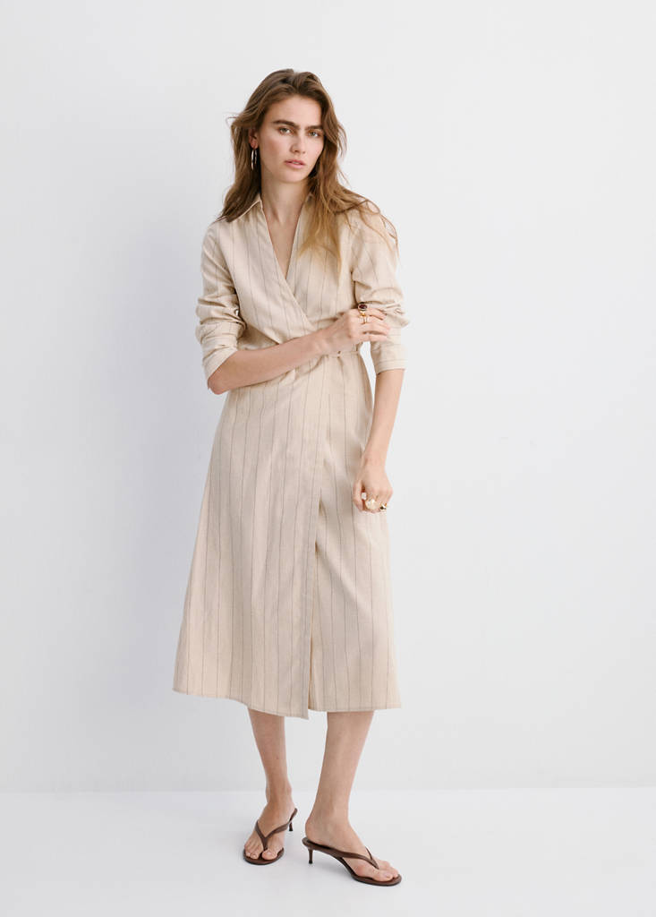 Striped linen-blend shirt-style dress — Brown