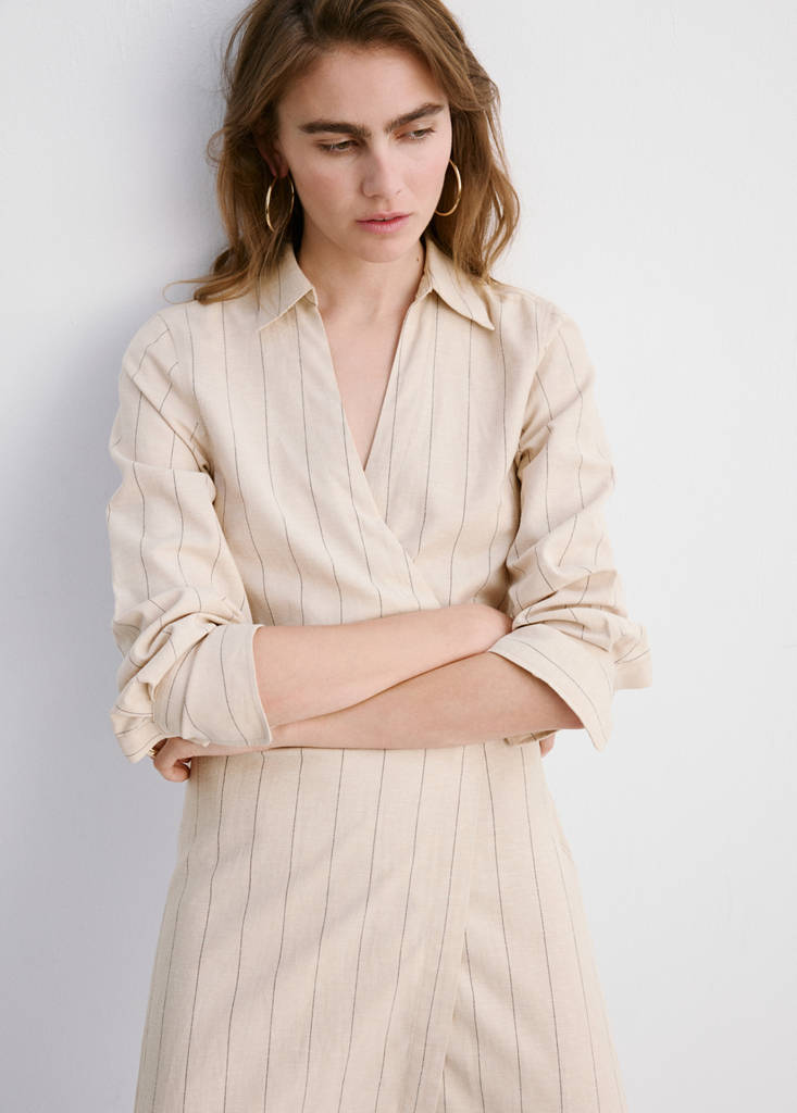 Striped linen-blend shirt-style dress — Brown