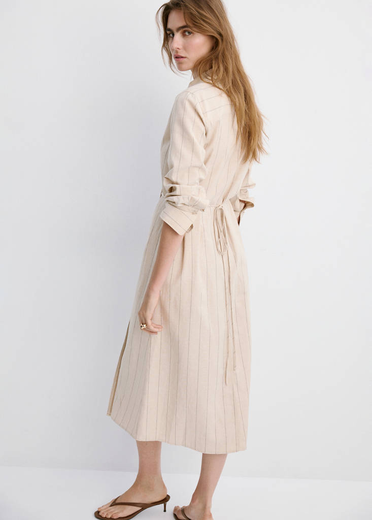 Striped linen-blend shirt-style dress — Brown