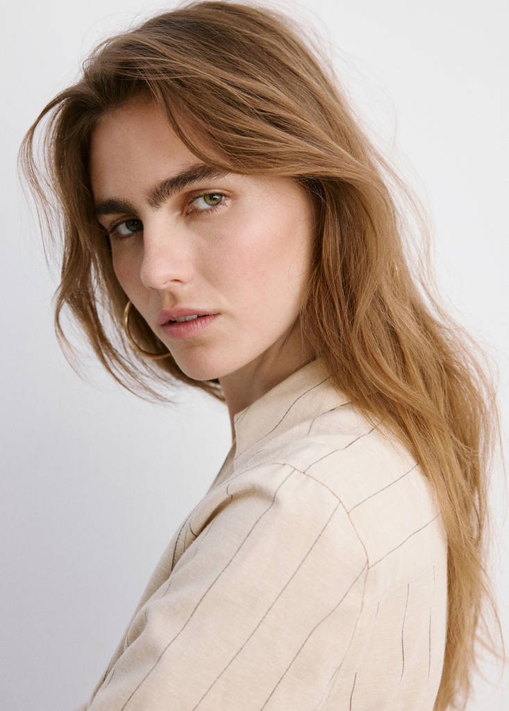 Striped linen-blend shirt-style dress — Brown