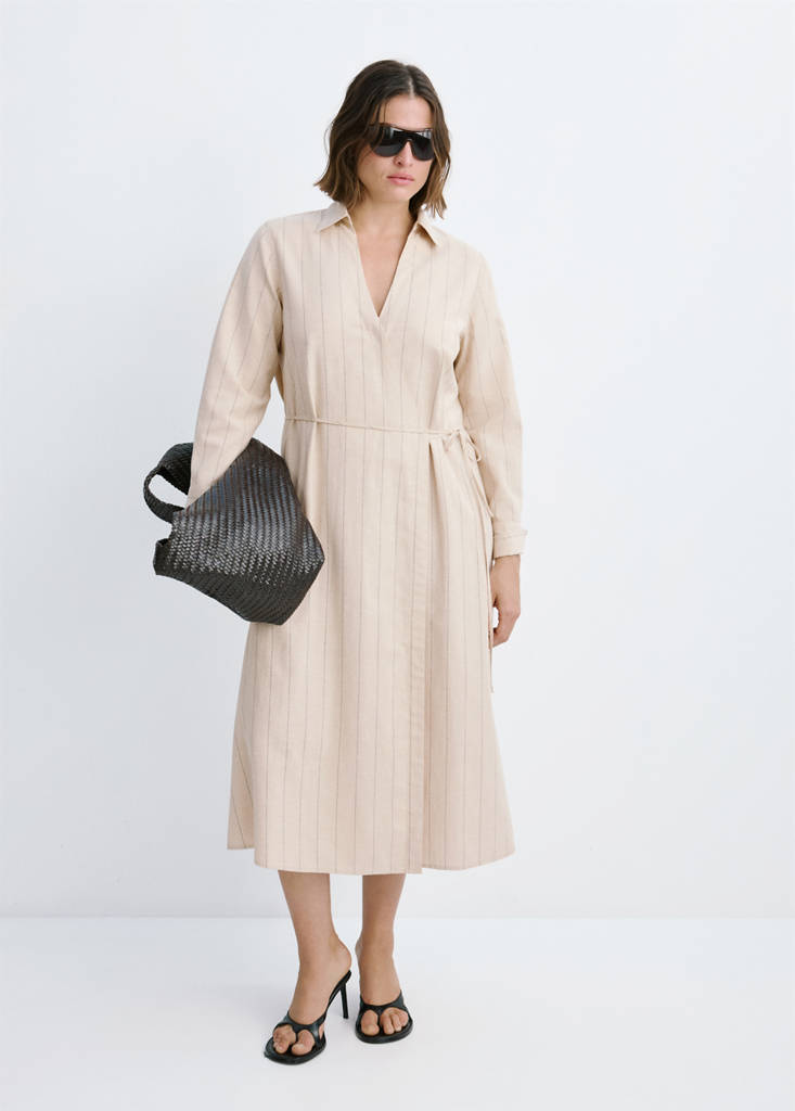 Striped linen-blend shirt-style dress — Brown