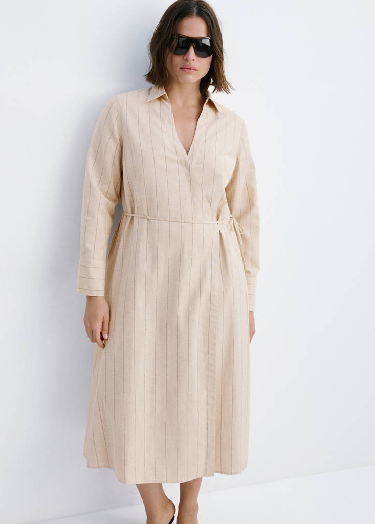 Striped linen-blend shirt-style dress — Brown