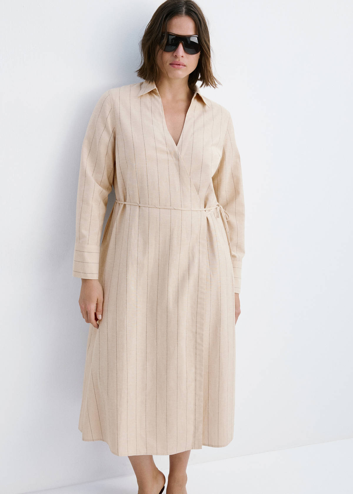 Striped linen-blend shirt-style dress — Brown