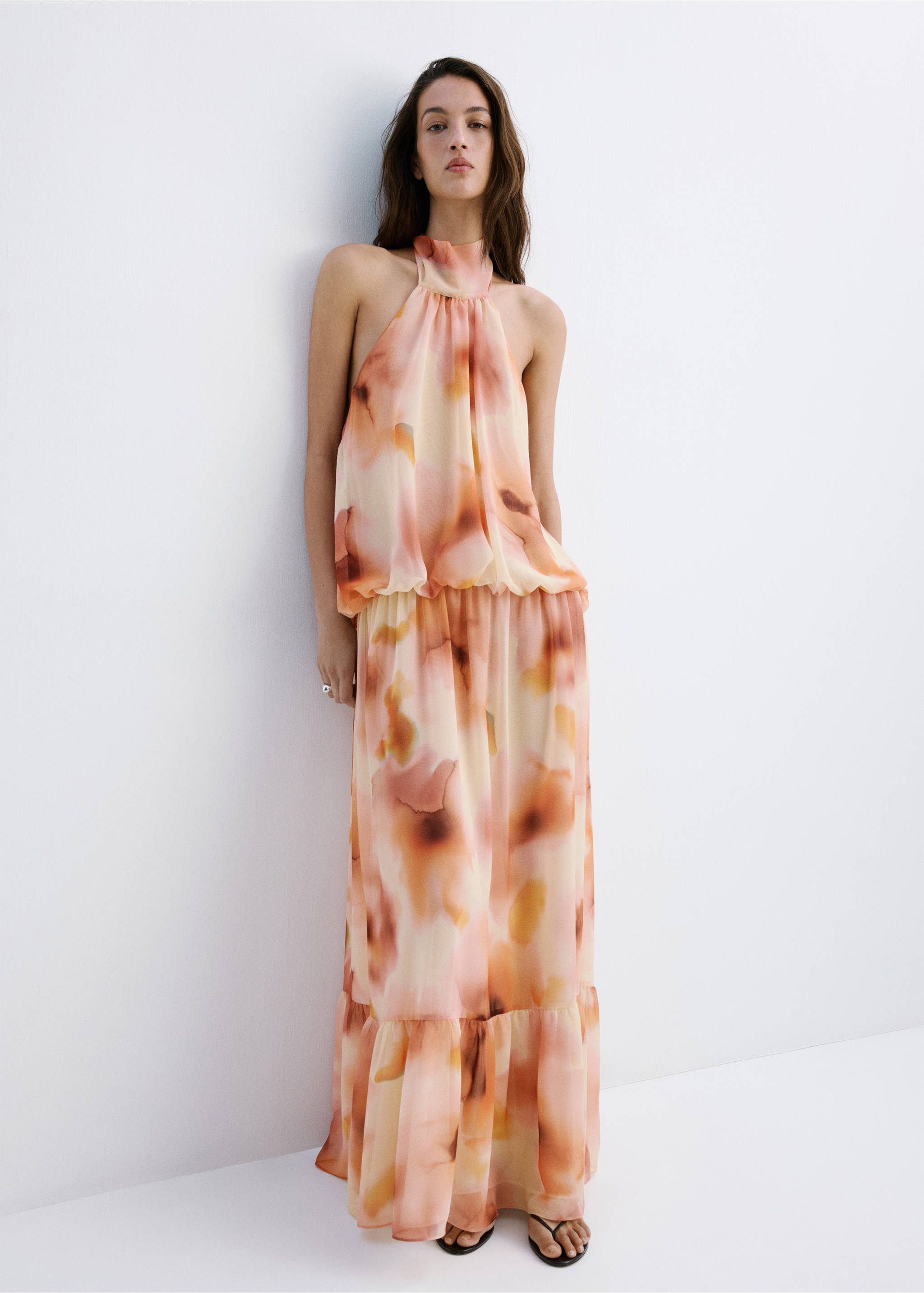 Halter-neck printed dress - General plane, Peach. Ref: 27009102-00.