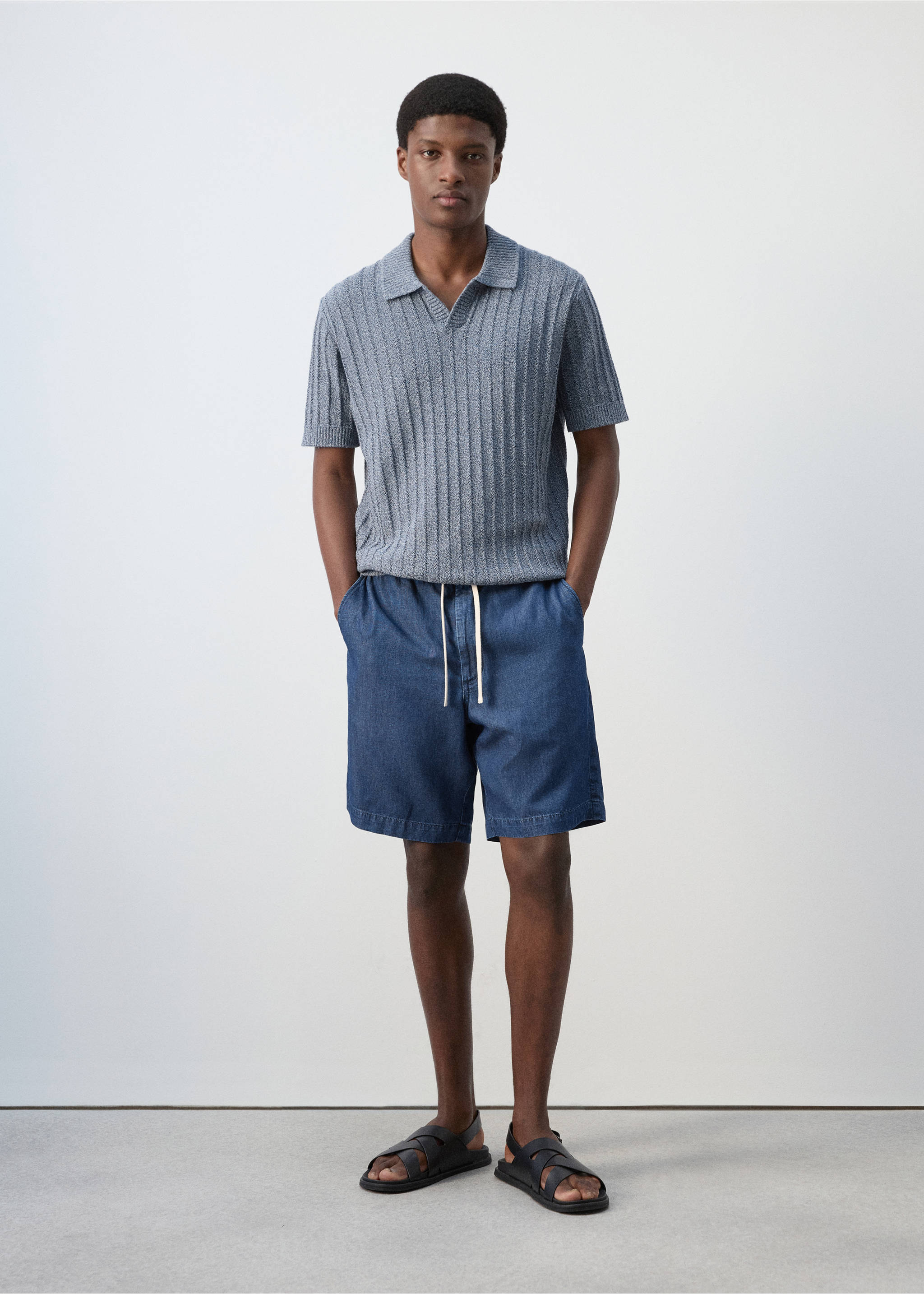 Cotton-linen bermuda shorts with drawstring - General plane, Dark Blue. Ref: 27009208-00.