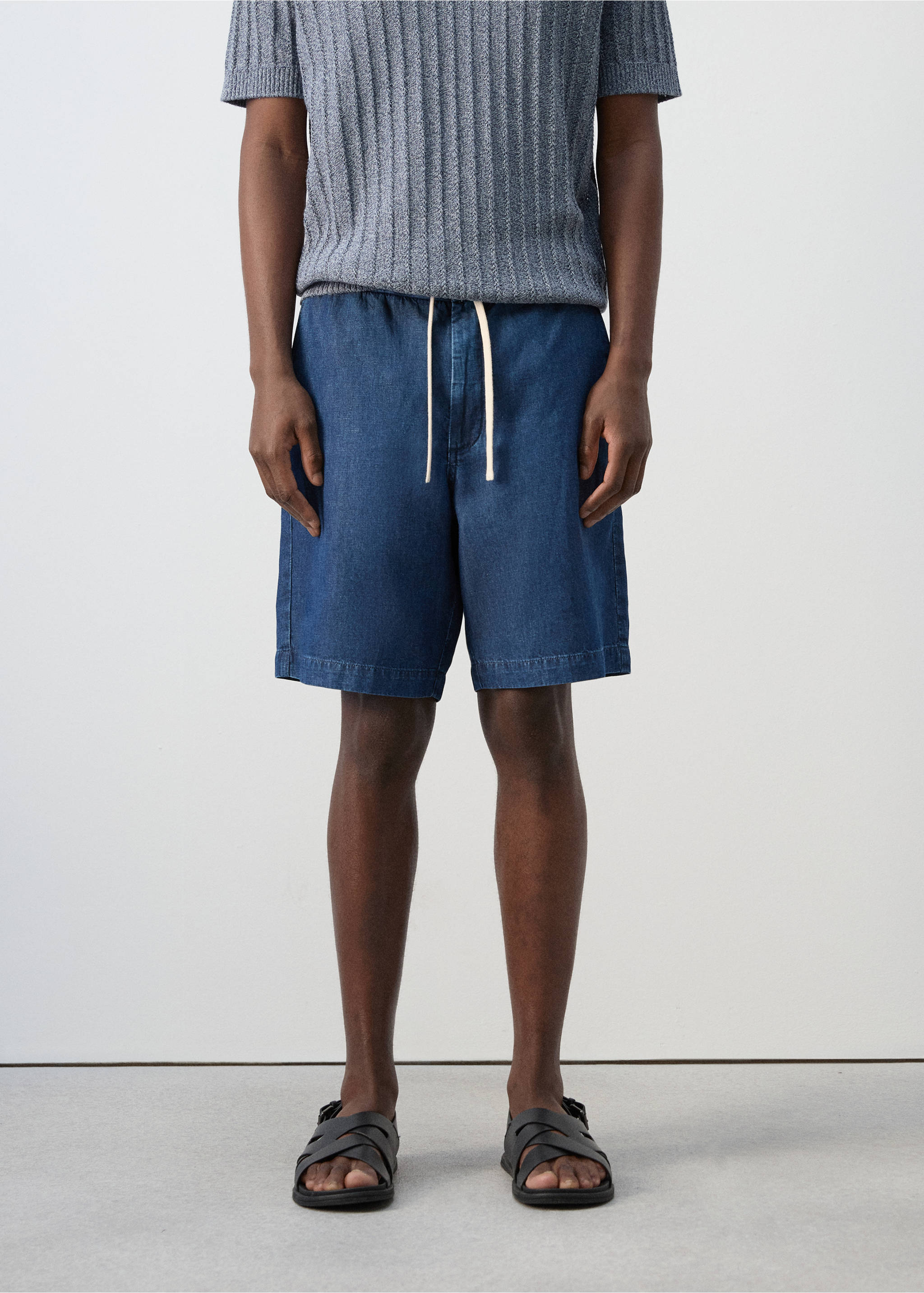 Cotton-linen bermuda shorts with drawstring - Medium plane, Dark Blue. Ref: 27009208-00.
