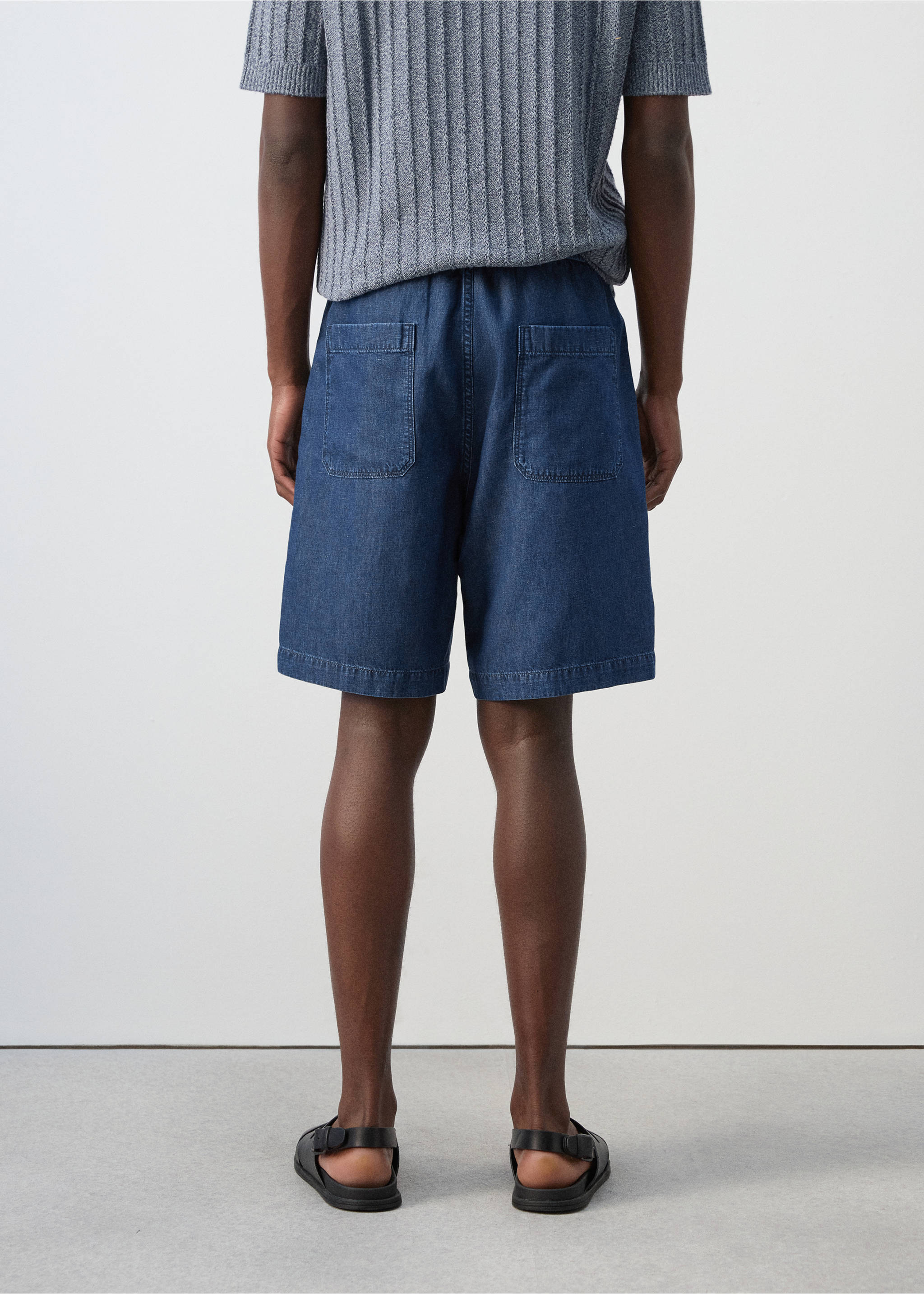 Cotton-linen bermuda shorts with drawstring - Reverse of the article, Dark Blue. Ref: 27009208-00.